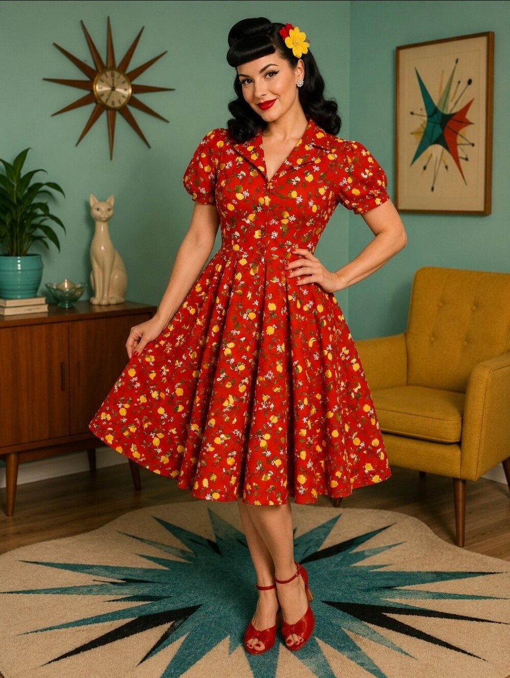 Unique Vintage Orange Lemon-Print Fit & Flare Midi Dress